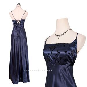 Vintage Corset Prom Dress Maxi Gown 8 Blue Goth 90S Y2K Princess Regency Empire